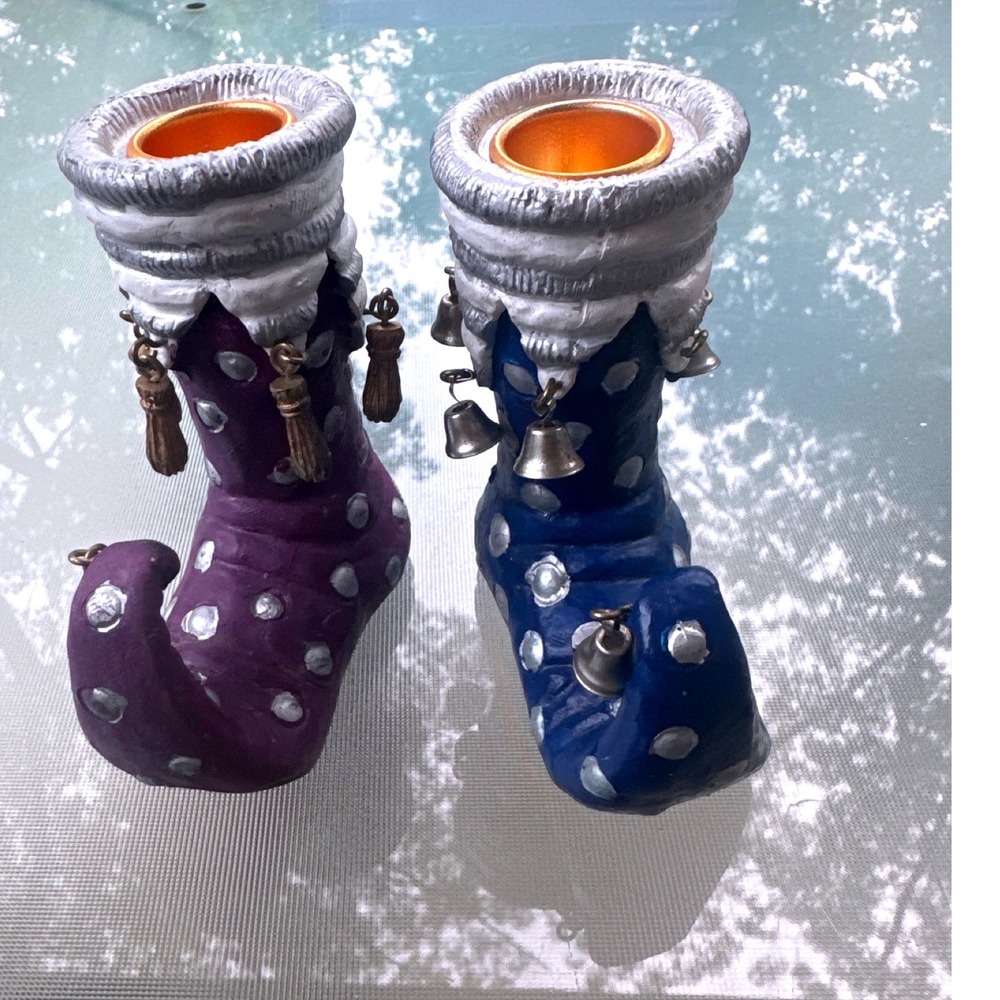 Vintage 2002 Oxford Elite Boot Candle Holders Set 2 Purple Blue Western Bells